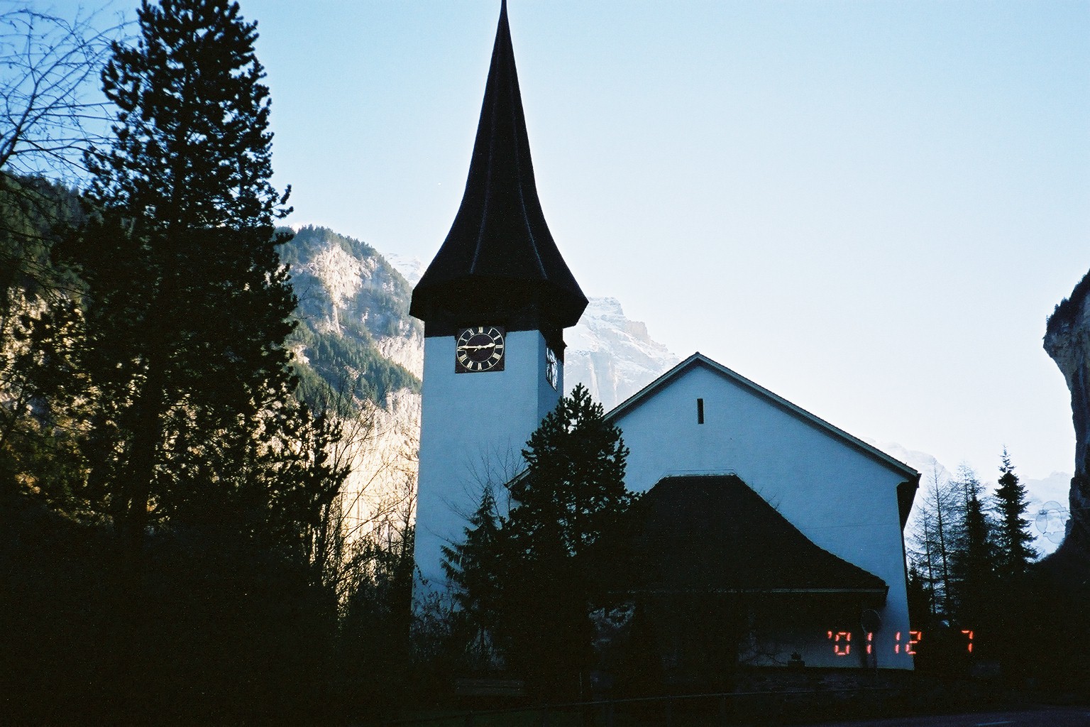 Lauterbrunnen church at dusk. 1997.
